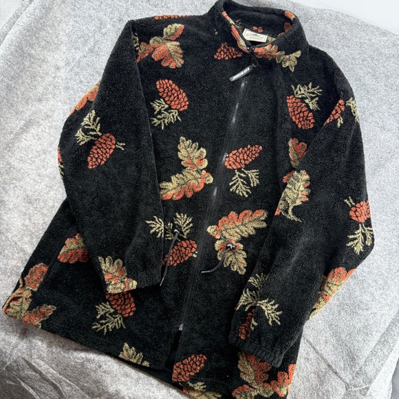 Black Mountain Outdoor Jackets & Blazers - Black Mountain Fleece Jacket 90s XL Black Pinecone Oak Leaf Full Zip Mock Neck